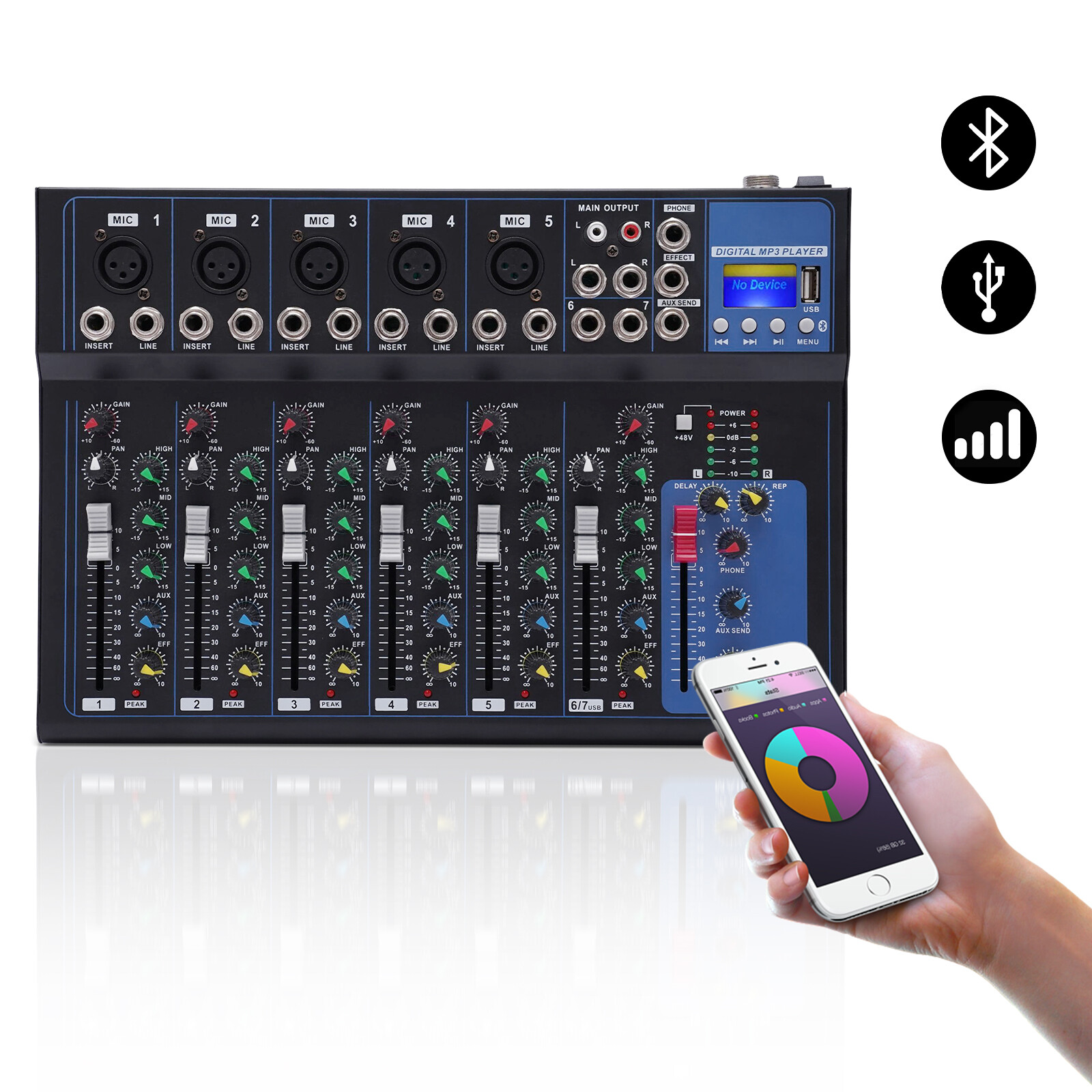 Portable 7-Channel Bluetooth Audio Mixer USB DJ Sound Mixing Console Board