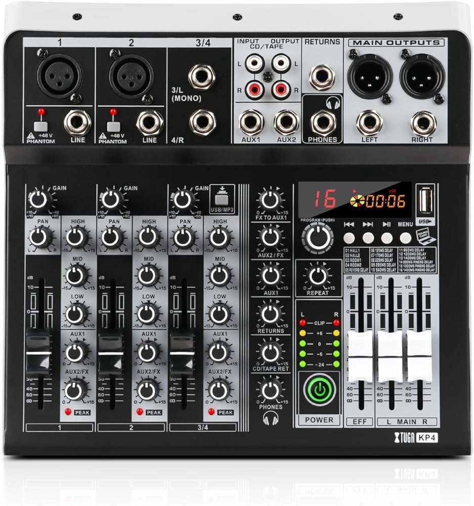 XTUGA KP4 4 Channel Audio Mixer, 16-Bit DSP Effect USB Audio Interface Effects