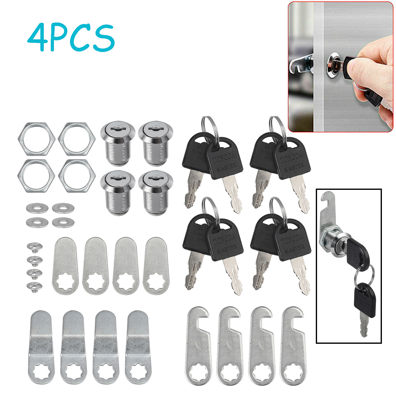 4X Cam Lock Set 20mm Keyed Cylinder for Desk Drawer Tool Box Cabinet with 8 Keys
