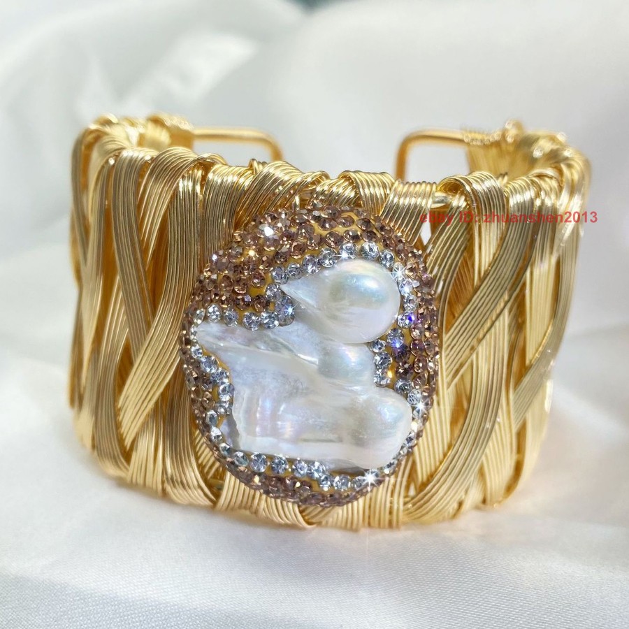 Natural South Sea White Baroque Keshi Pearl Hand Made Inlay Gold Bangle Bracelet