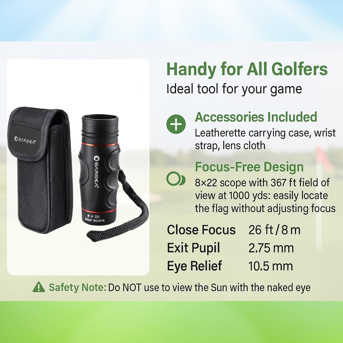 Barska Blueline 8x22 Waterproof Golf Scope Monocular with One Size, Black