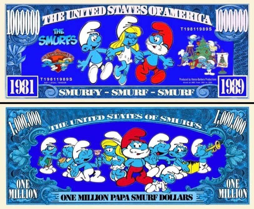 5 Pack Smurfs Cartoon Animation 1 Million Dollars Collectible Novelty Money