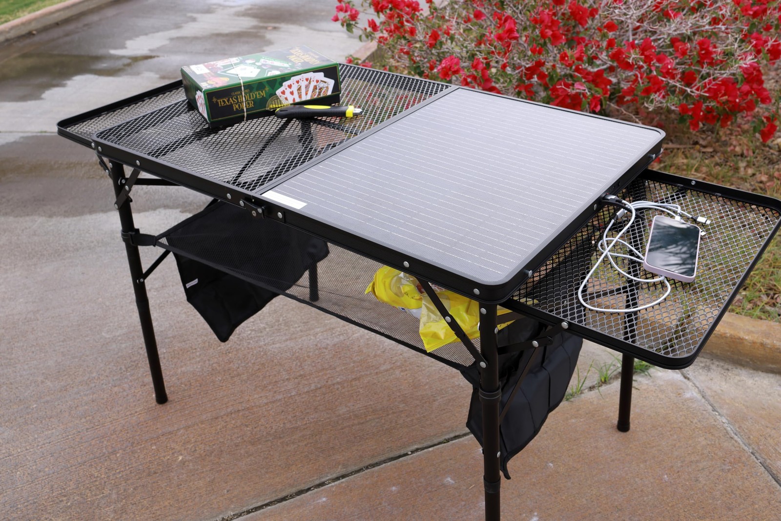 Nice C Camping Table with Solar Charger, Side Shelves, Mesh Net & Cup Holders