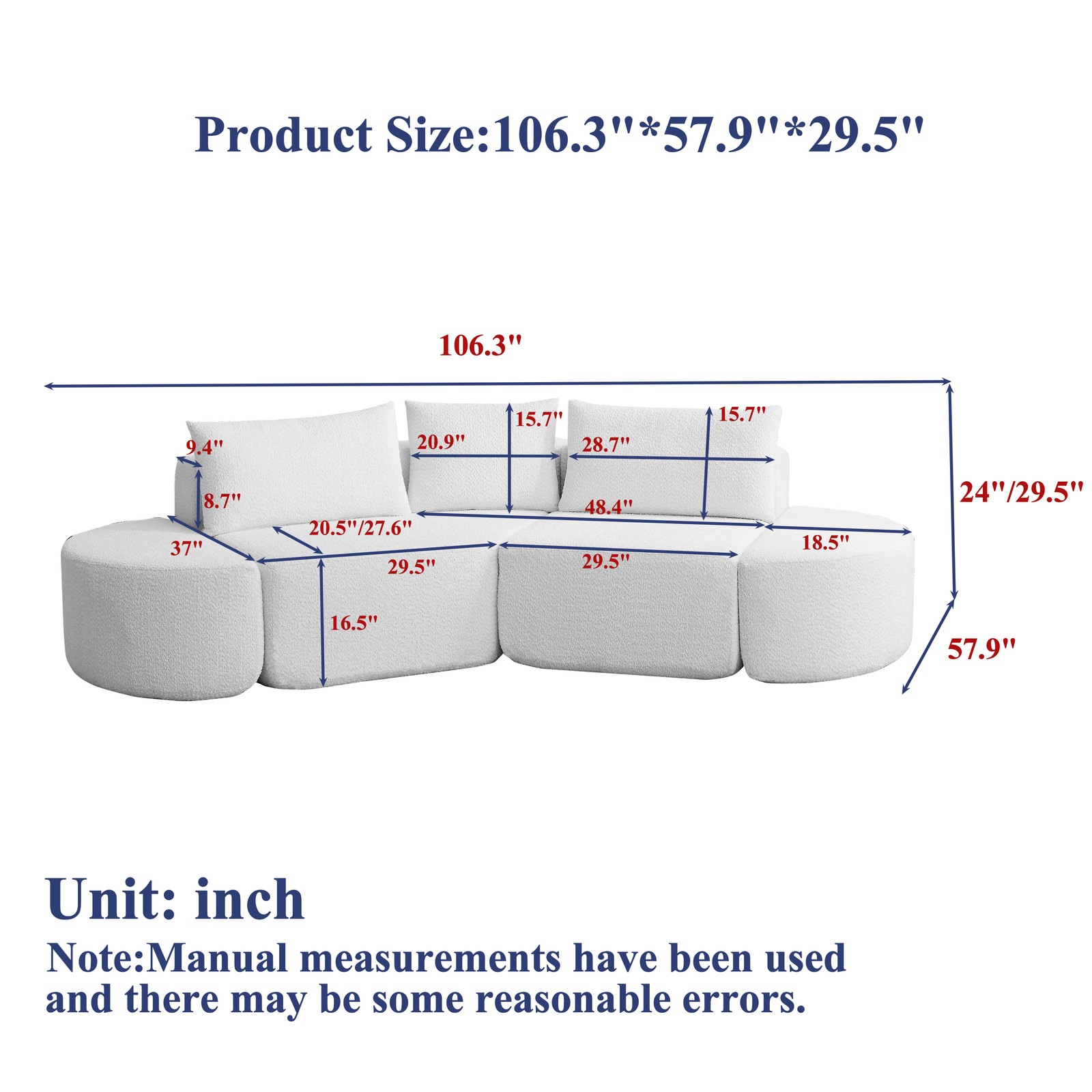 106.3-inch V-shaped modular sofa set in chenille fabric, featuring three throw p
