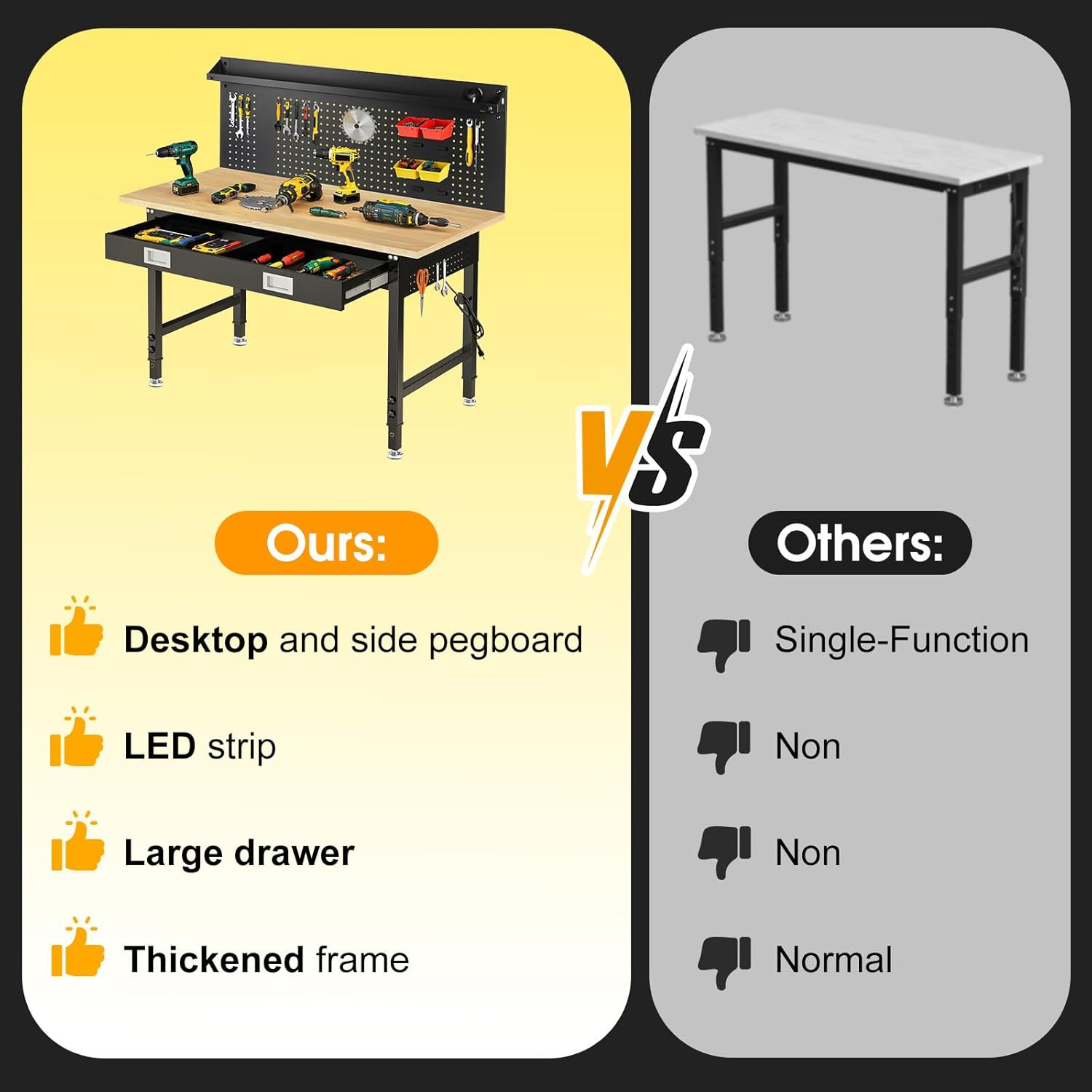 60" Adjustable Work Bench with Drawers, Workbench for Garage with Strip Light, W