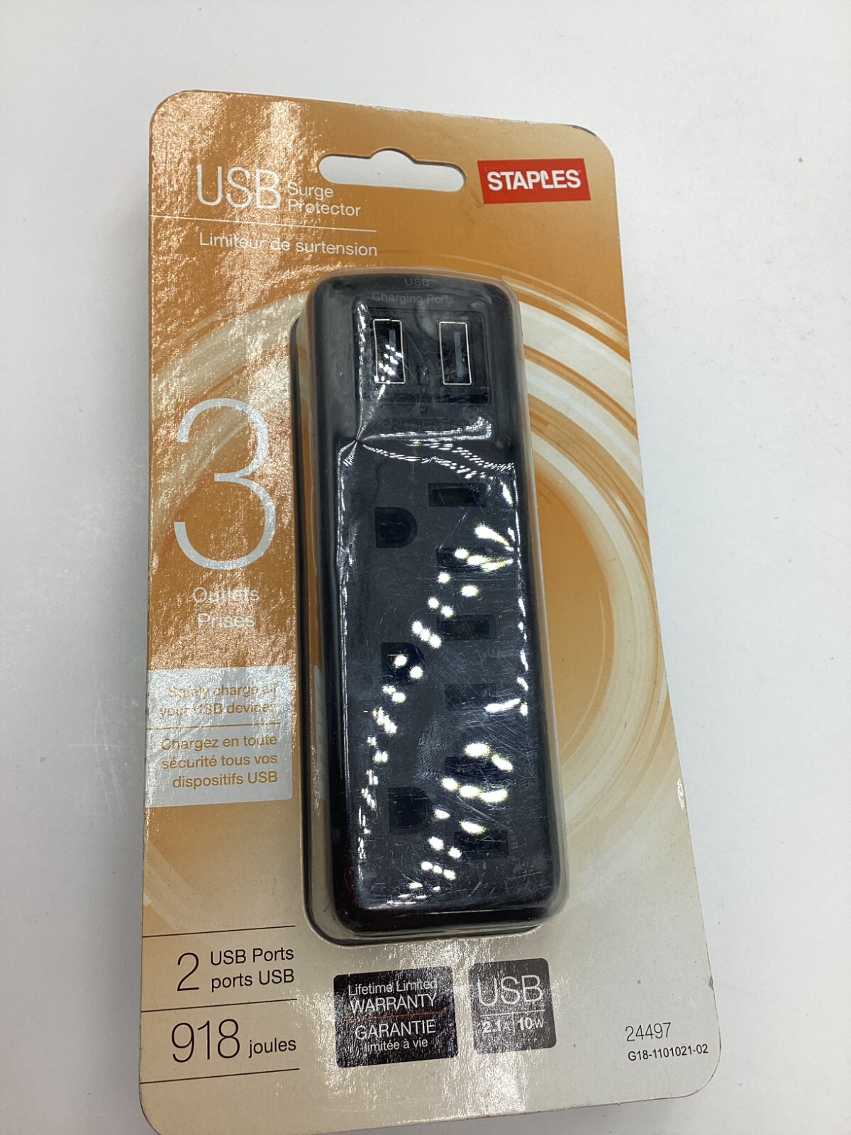 Staples 24497 Surge Protector Power Protector 3-Outlet 2 USB Port Black