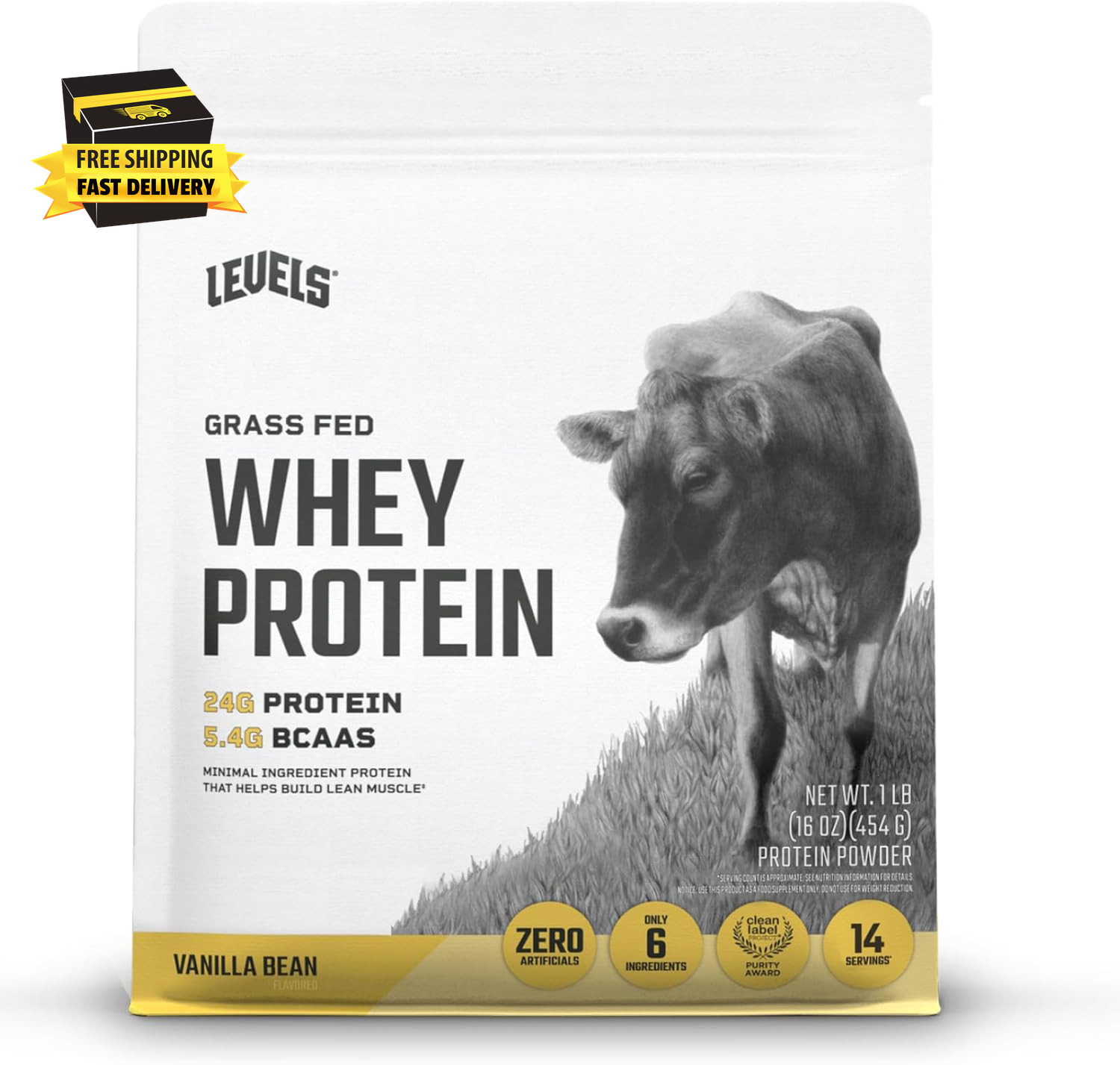 Levels Grass Fed Whey Protein Powder, No Artificials, 24G of Protein, Vanilla Be