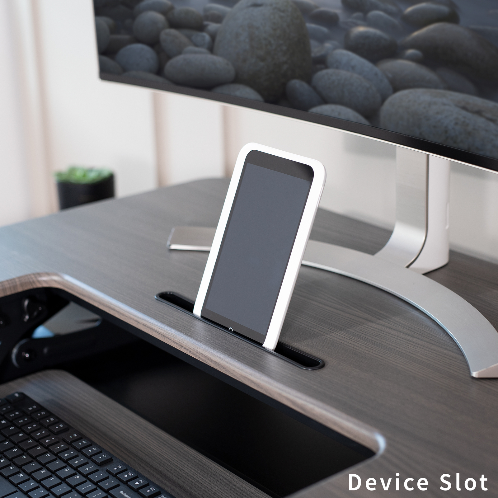VIVO Gray Height Adjustable Standing Desk Riser, Tabletop Sit-Stand, Black Frame