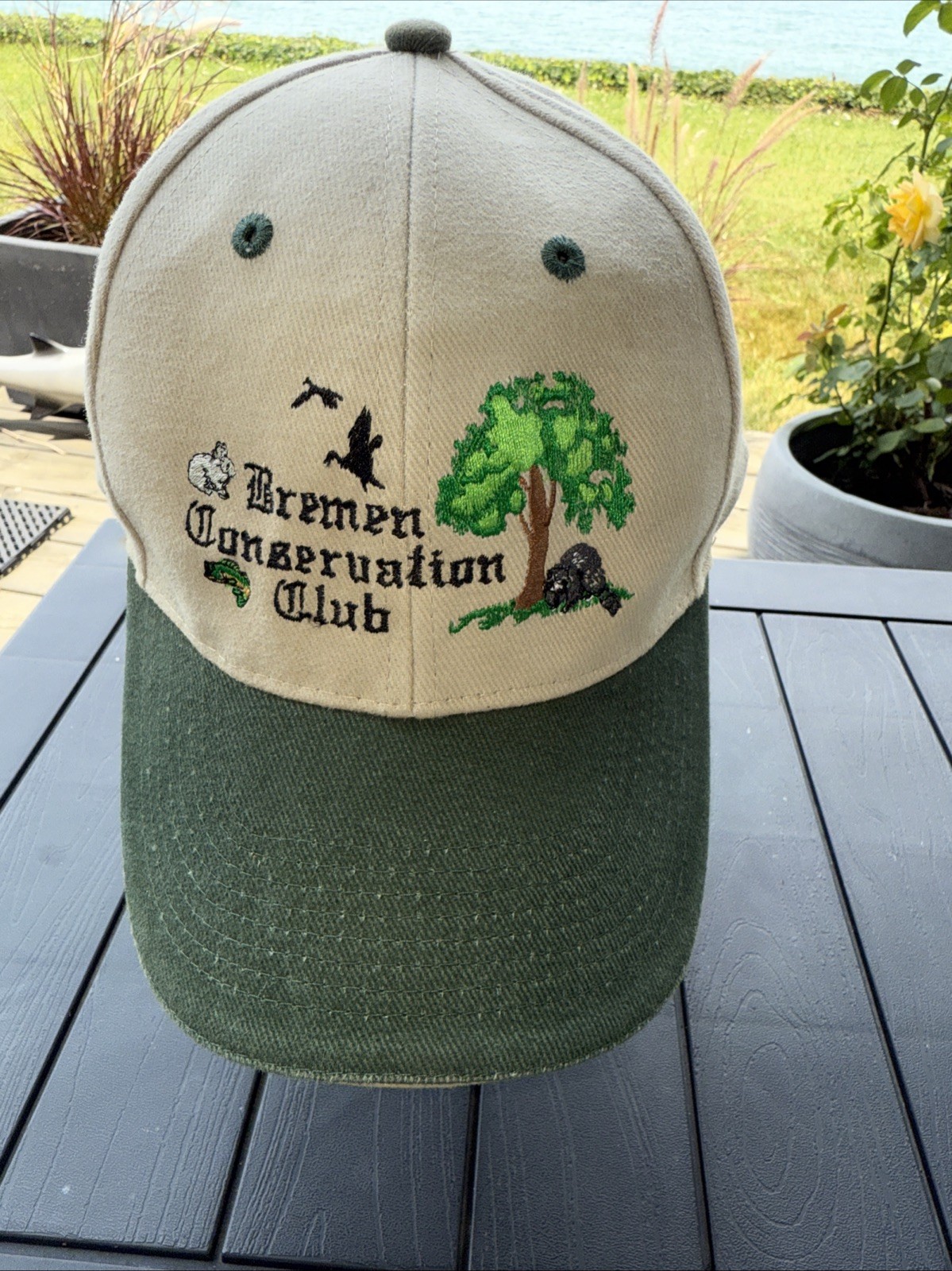 Bremen Conservation Club Embroidered on Tan w Green Bill Hat Cap Hook Loop EUC