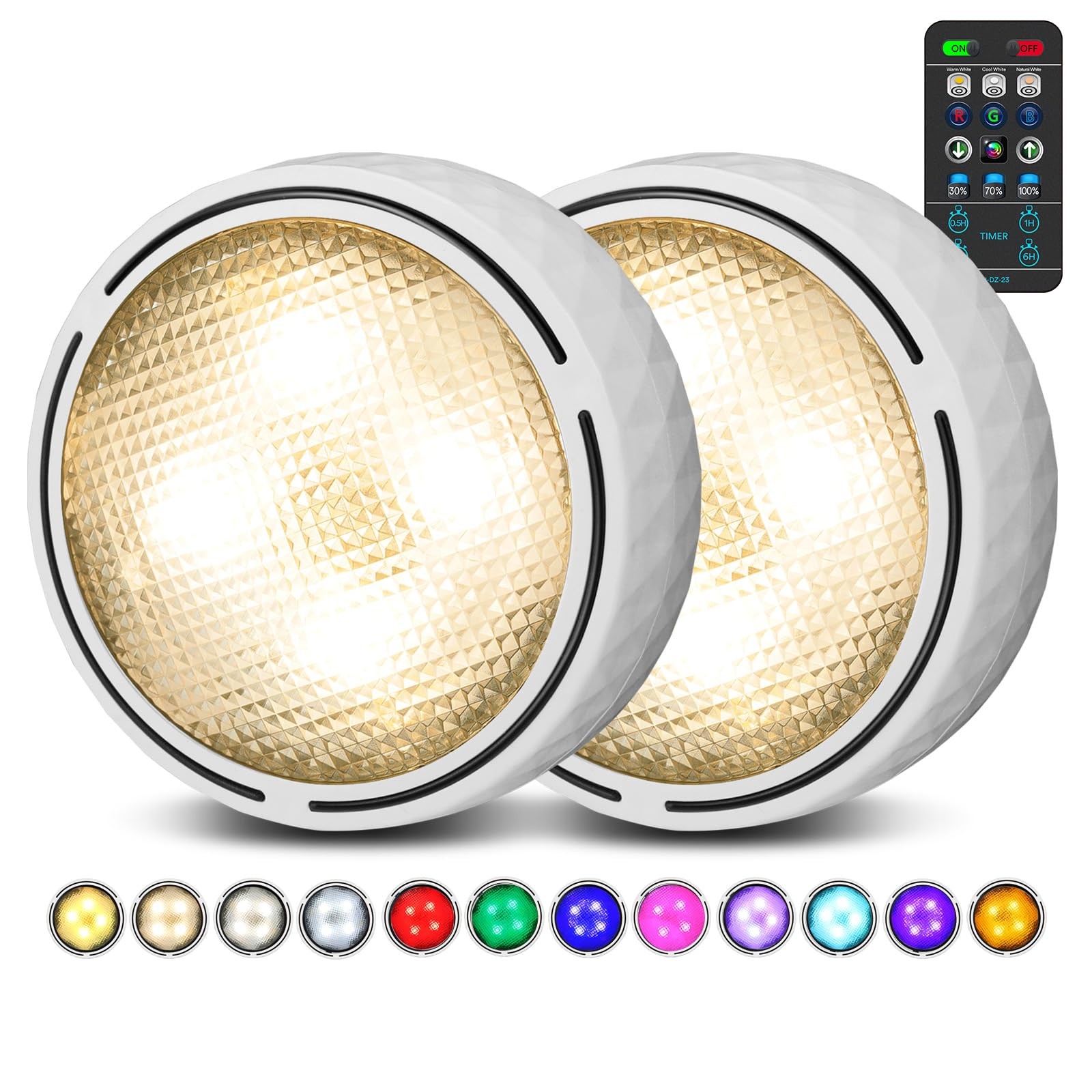 TECOMLIGHT LED Puck Lights with Remote Control, Battery 2 Pack, White