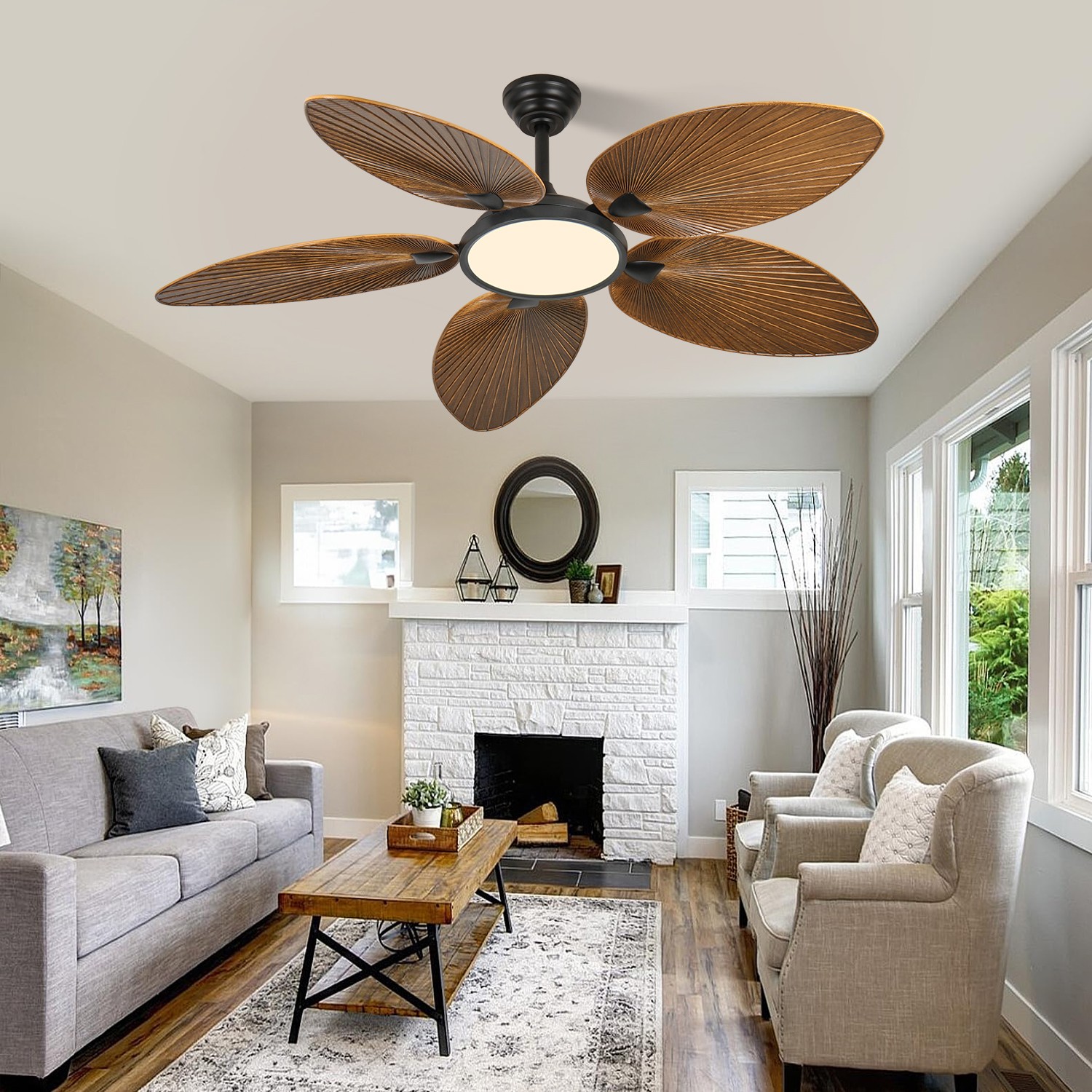 52 Inch Tropical Ceiling Fan with LED Light, Palm Leaf Design, Remote Control