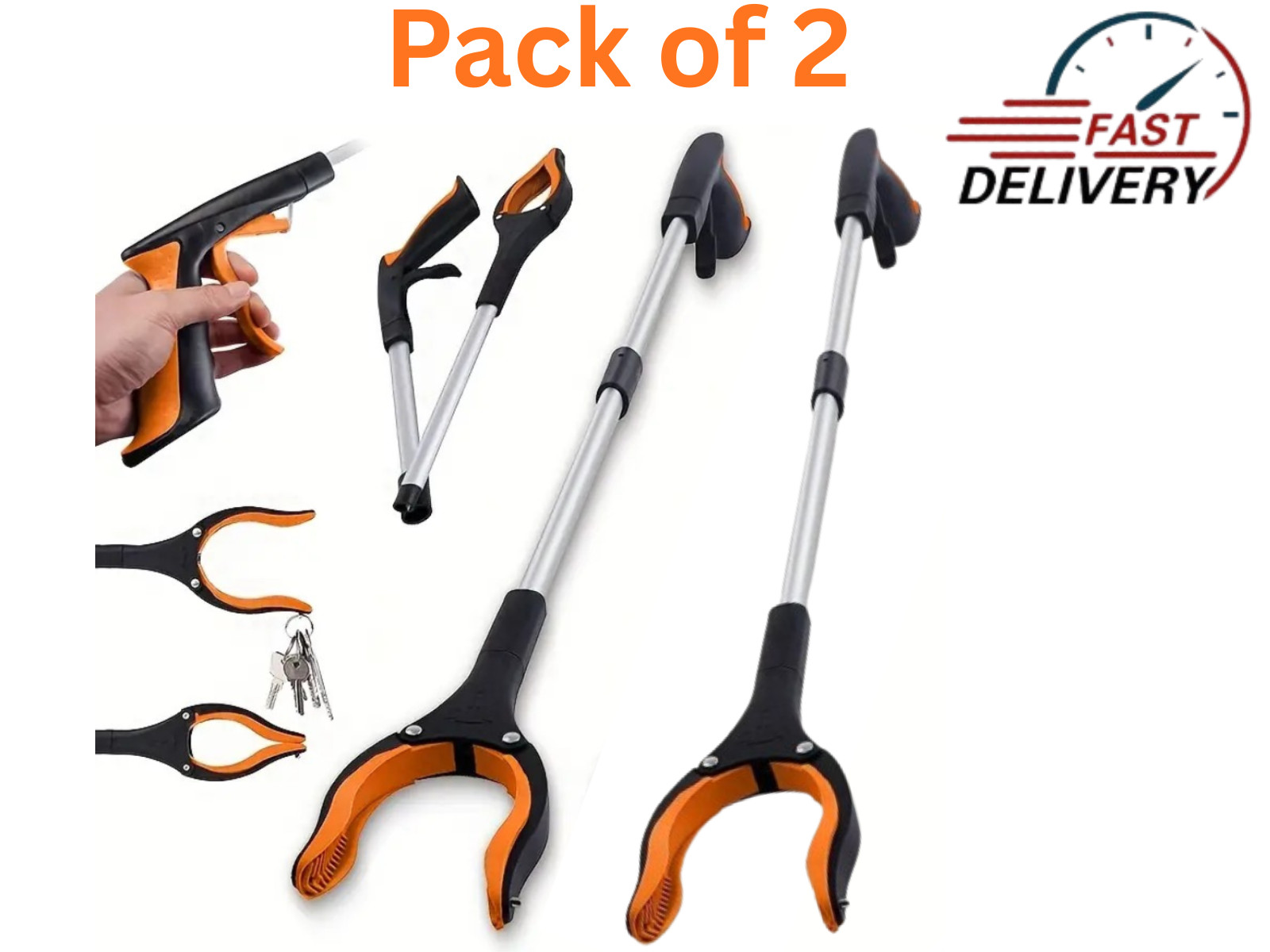 2Pc Folding Reach Grabber Tool 360° rotating jaws and a magnetic tip Lightweight