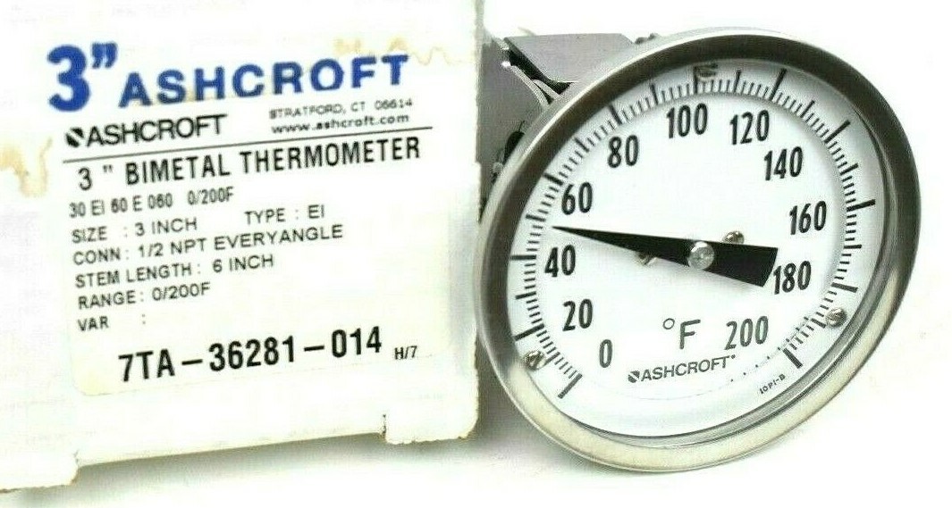 ASHCROFT 7TA-36281-014 3" DIA BIMETAL THERMOMETER 1/2" NPT 6" STEM 0-200 DEG NIP