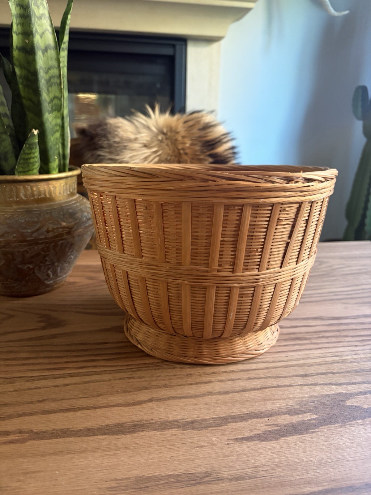 Vintage Woven Basket Planter Footed Basket 10” Round Chinese Woven Basket