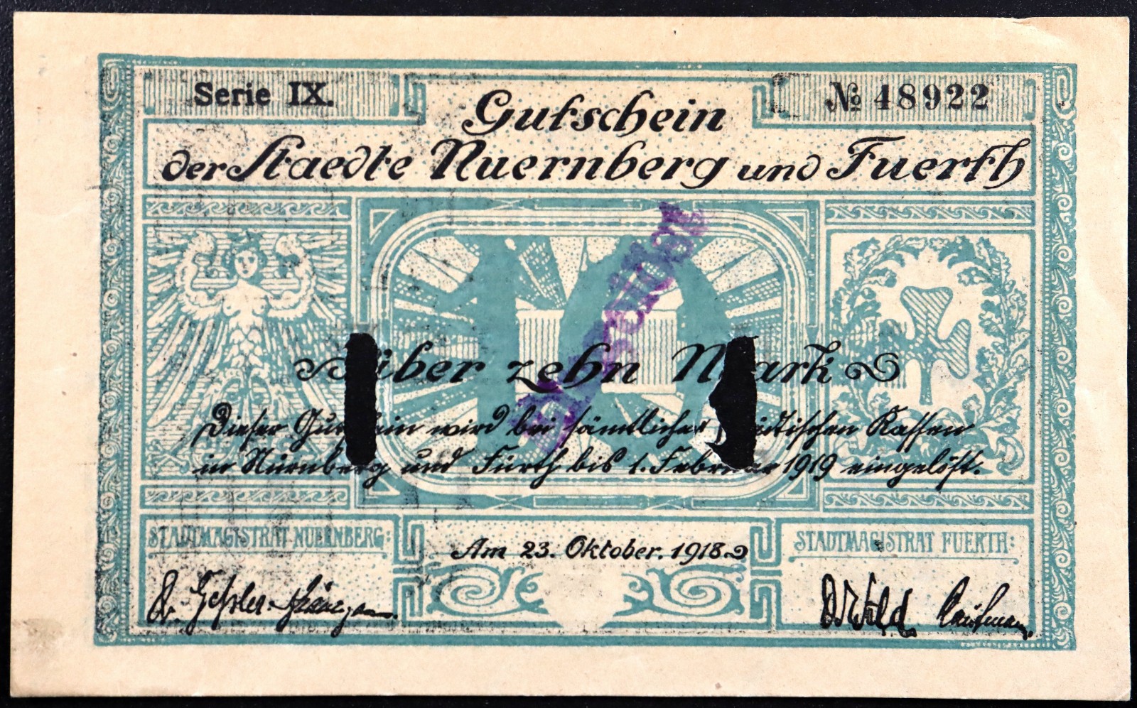 NUREMBERG (NÜRNBERG) and FÜRTH 1918 10 Mark Grossnotgeld German Notgeld Banknote