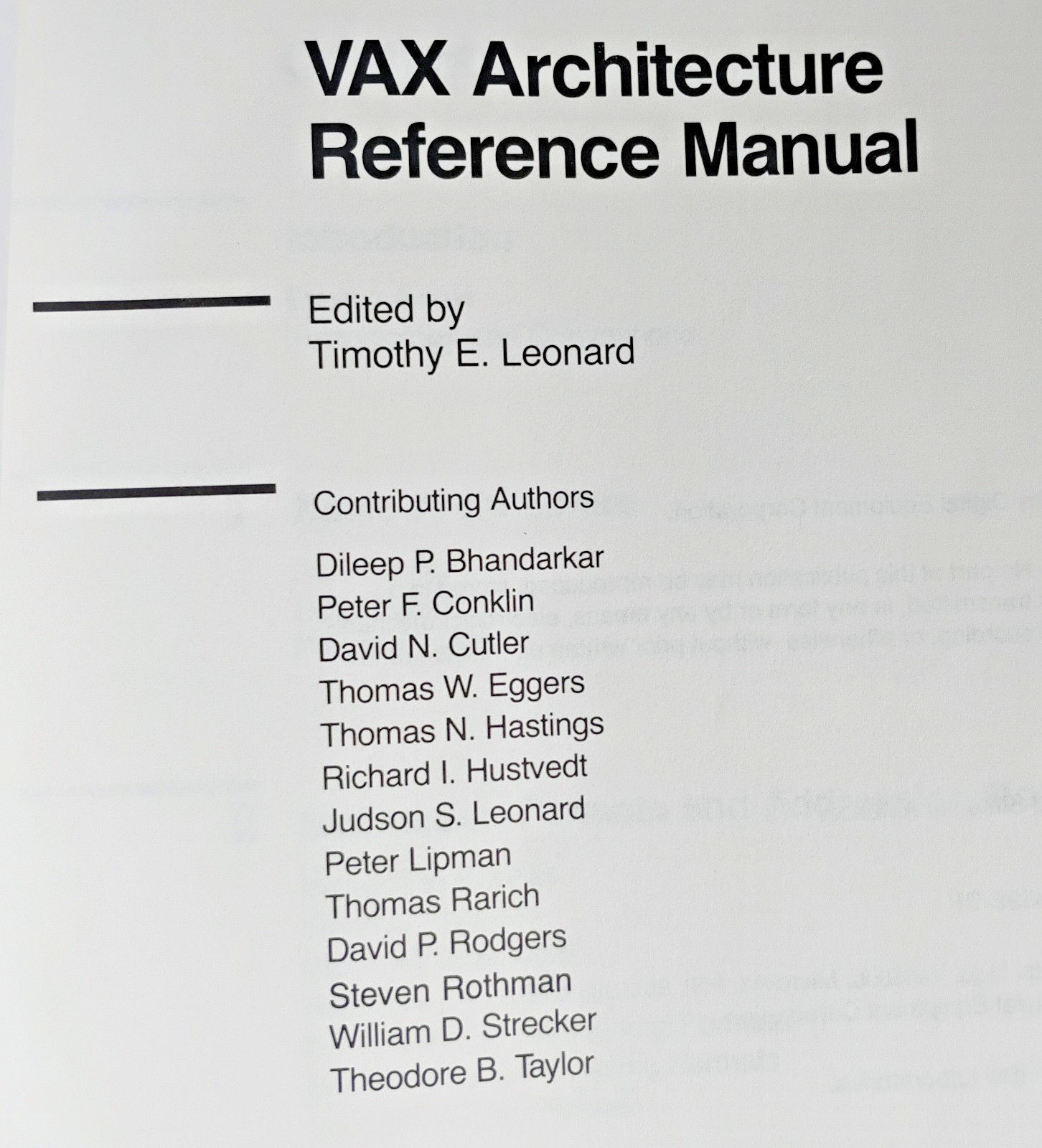 VAX Architecture Reference Manual Timothy Leonard 1987 Digital Equipment Corp.