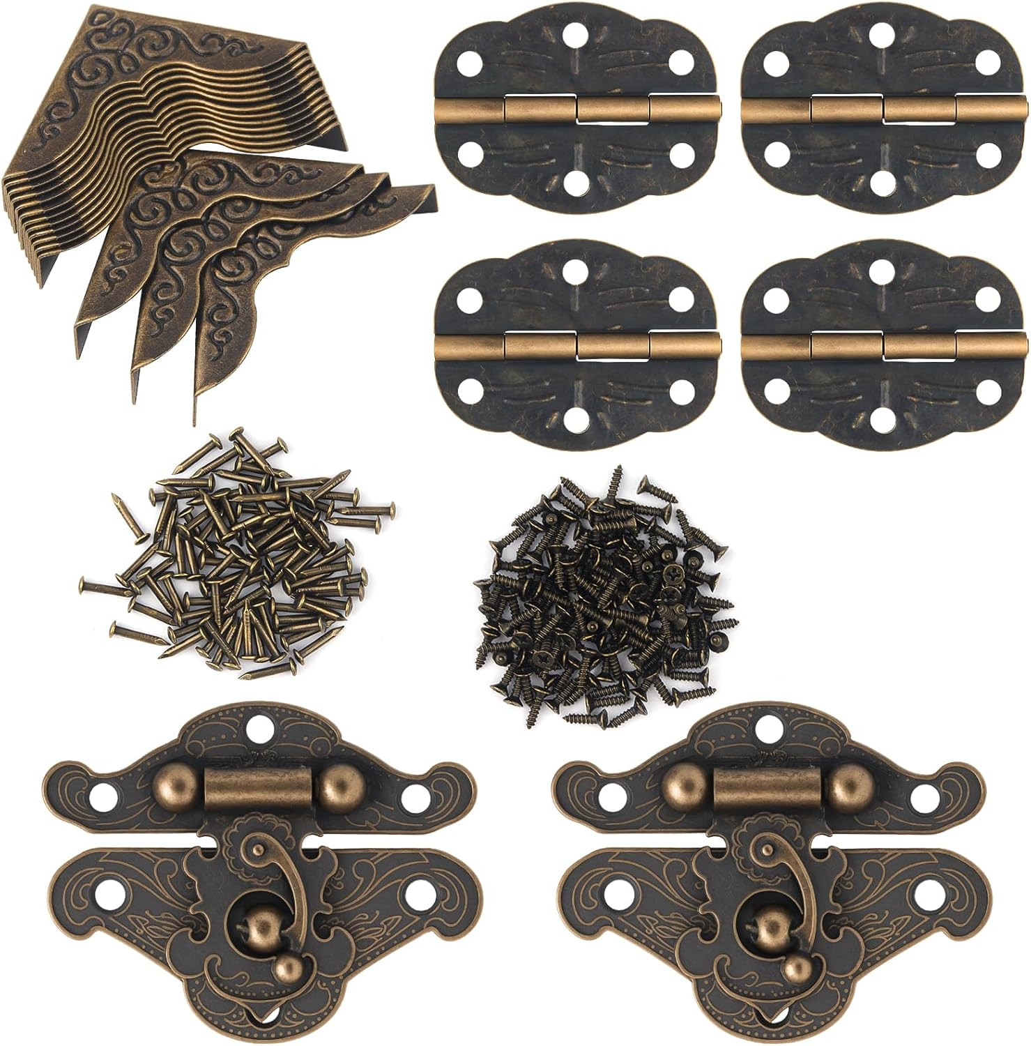 122PCS Vintage Bronze Hinge for Furniture Decoration, Antique Engraved Latch Has
