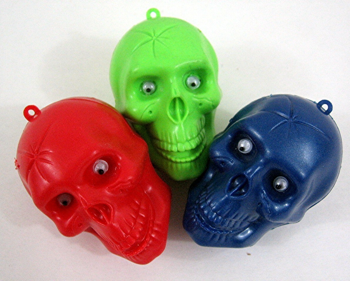 Vintage Set Of 3 Halloween Skull Moving Eyes Prize Vending Toys Old Store Stock