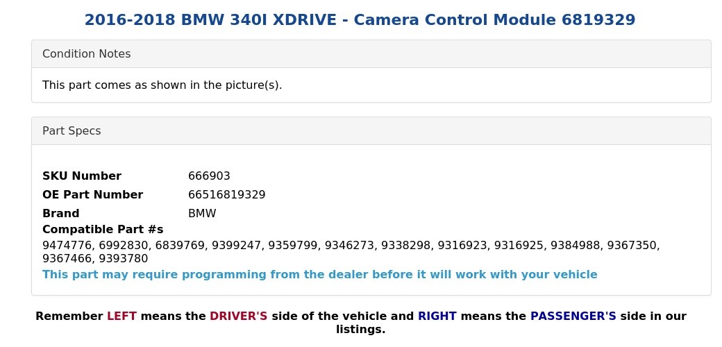 2016-2018 BMW 340I XDRIVE - Camera Control Module 6819329