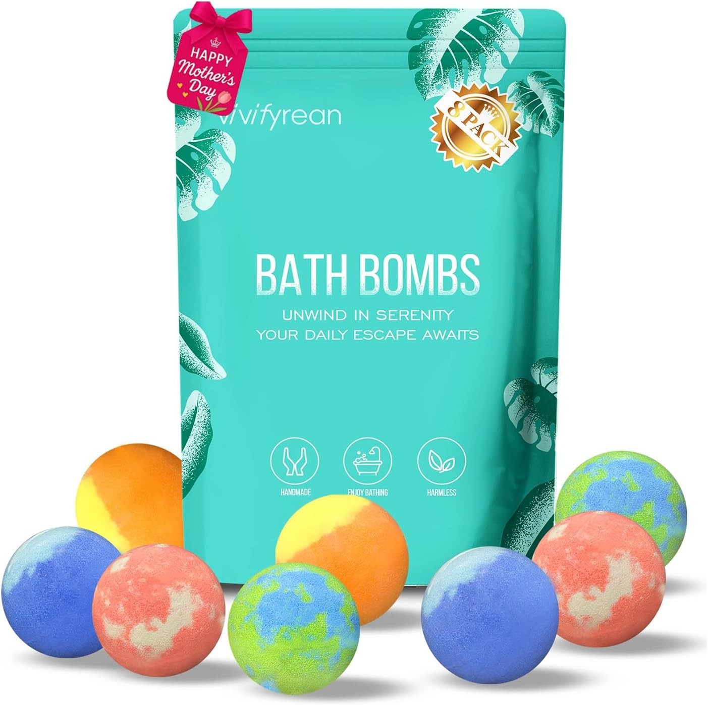 Bath Bombs, Bath Bombs for Women, Men, Girls, Boys, 8 Organic Bath Bombs,