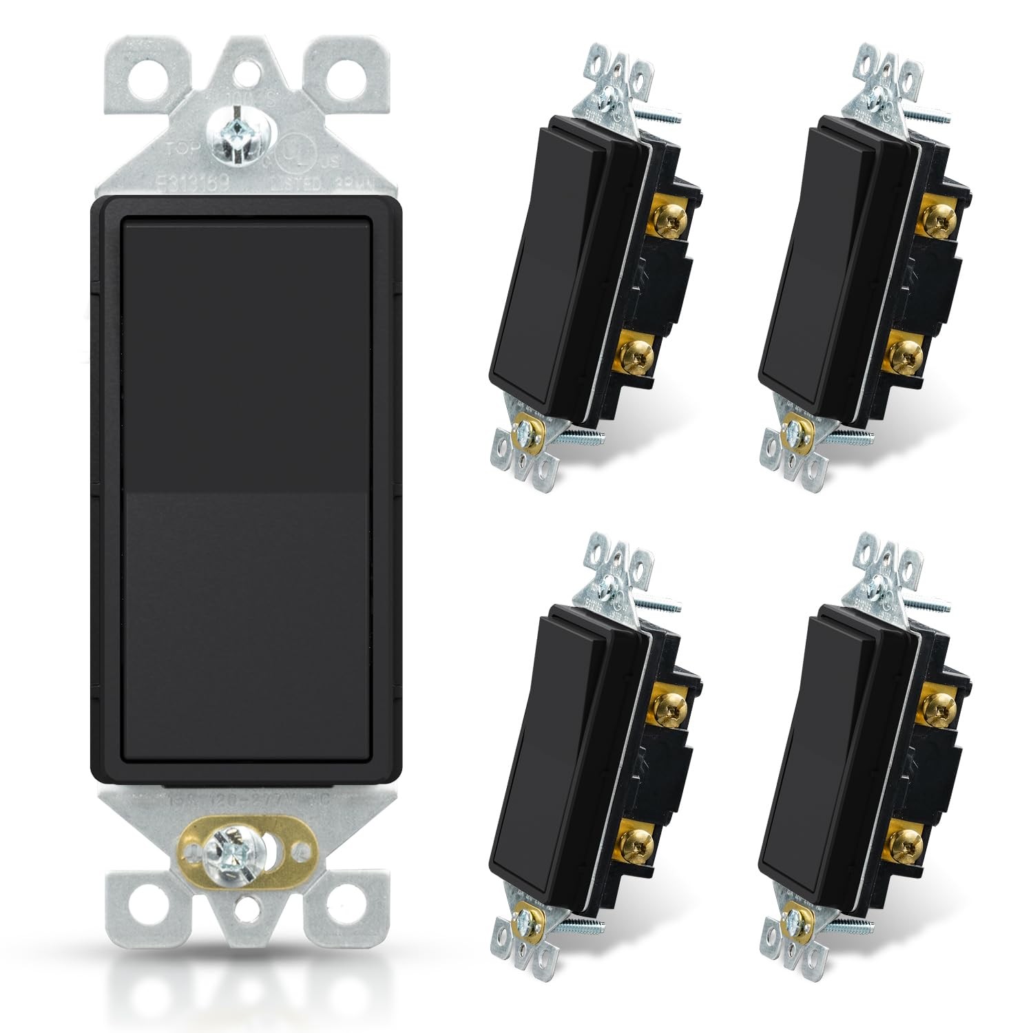 Matte Black Single Pole Decorator Light Switch 15Amp 120277V Paddle 5 PCS