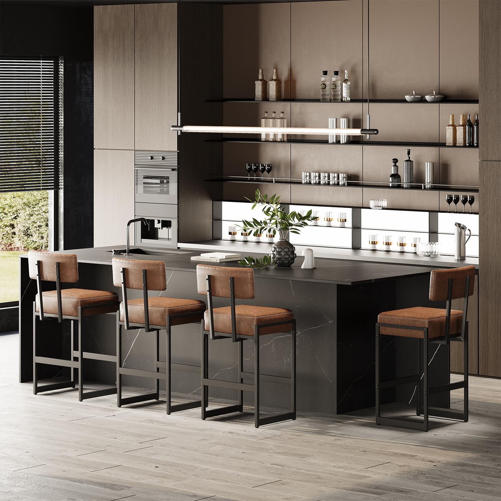 Bar Stool, Counter Height Bar Stools, Synthetic Leather with Stitching, Mid-C...