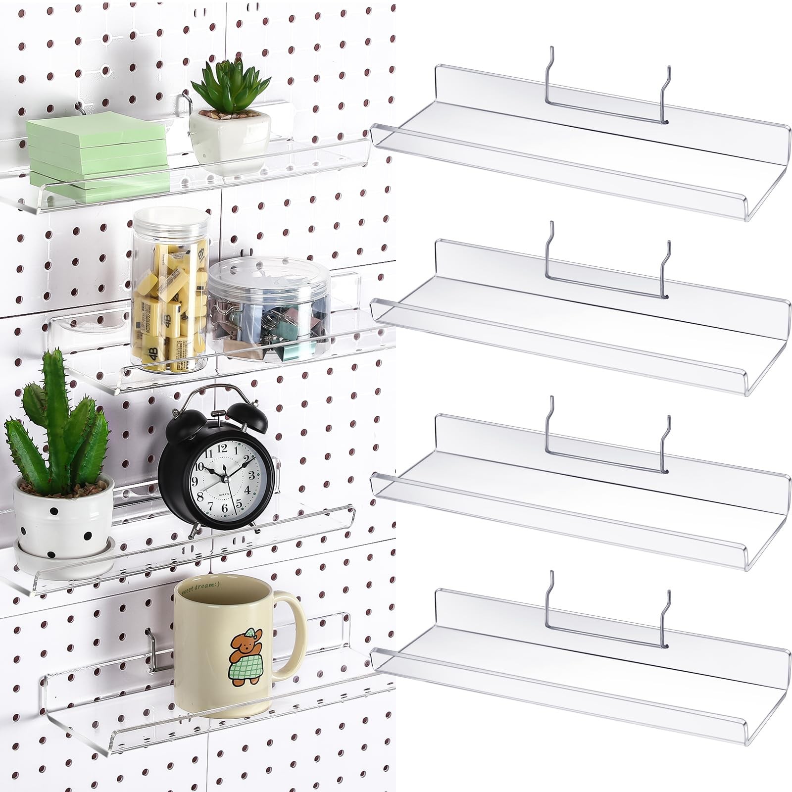 4 Set Pegboard Shelf Acrylic with Metal Hooks Organizer Accessories Storage f...