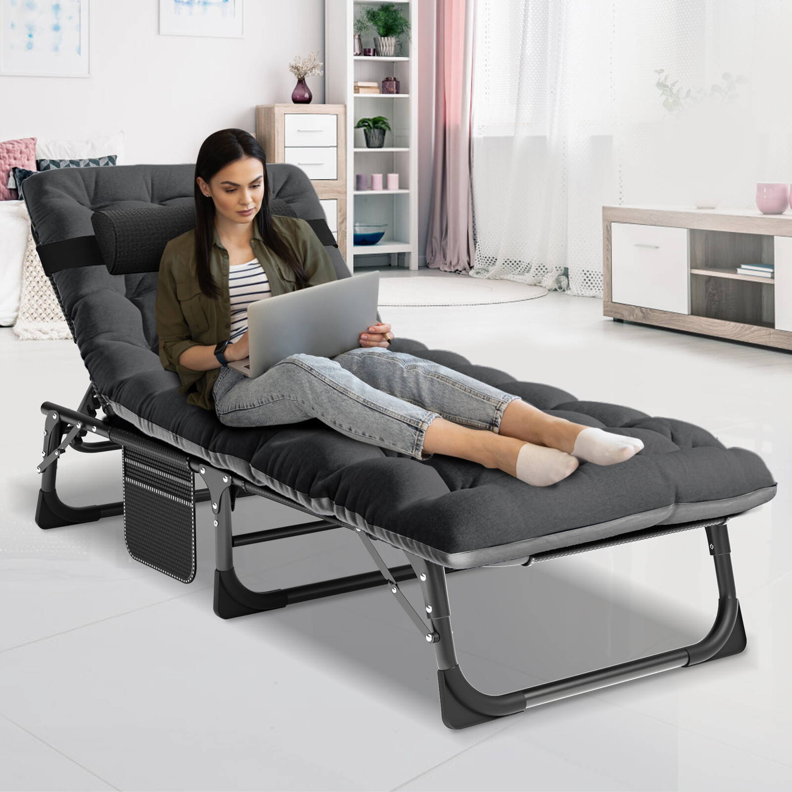Rollaway Folding Bed & Thick Mattress 4 Position Adjustable Cot Chair Recliner
