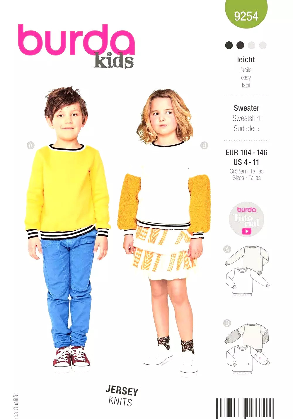 Burda 9254 Sewing Pattern - Boy's and Girl's Sweatshirts - Size 4-11/Uncut