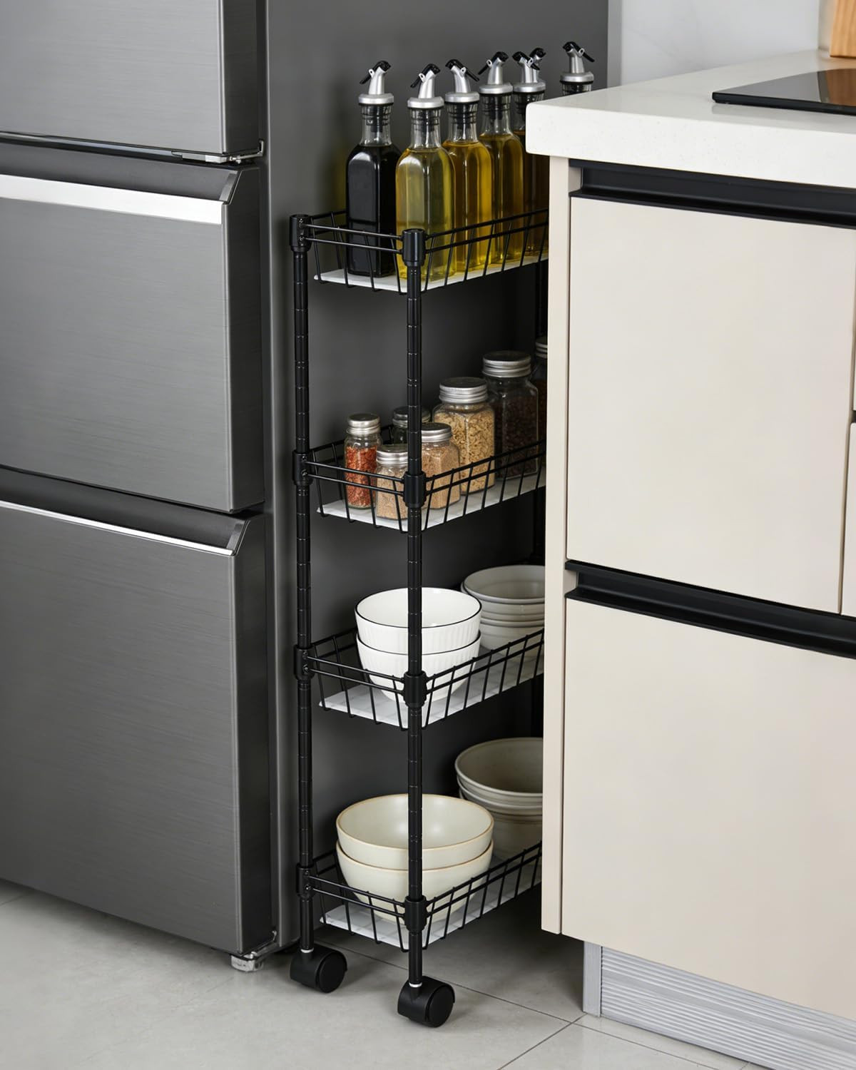4-Tier Slim Rolling Storage Cart, Metal Utility Cart on Wheels, Multi-Functional