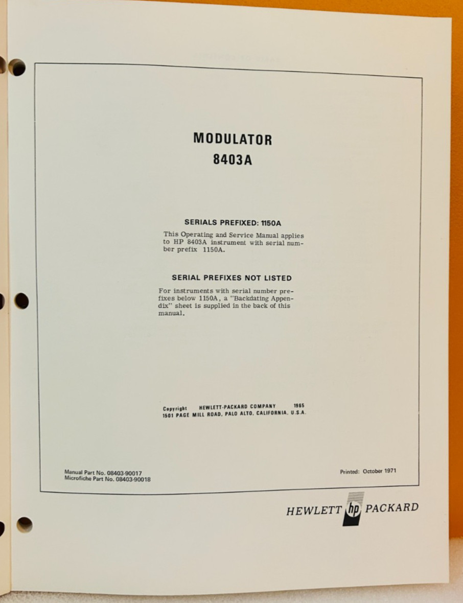 HP 08403-90017 1971 Model 8403A Modulator Operating & Service Manual.