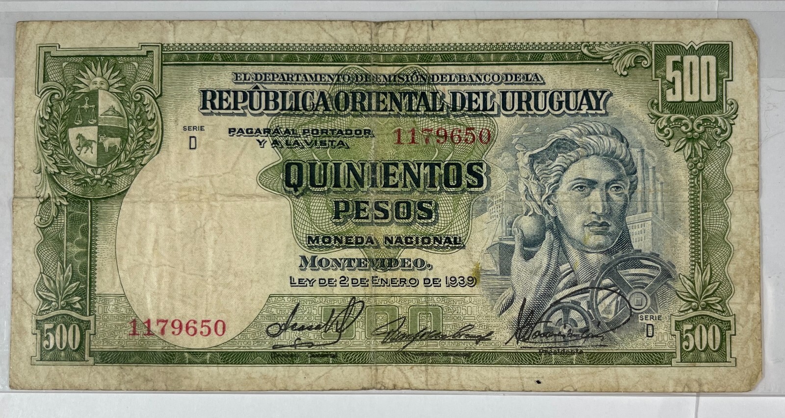 Uruguay 500 Pesos 1939 (#249) Decent note.