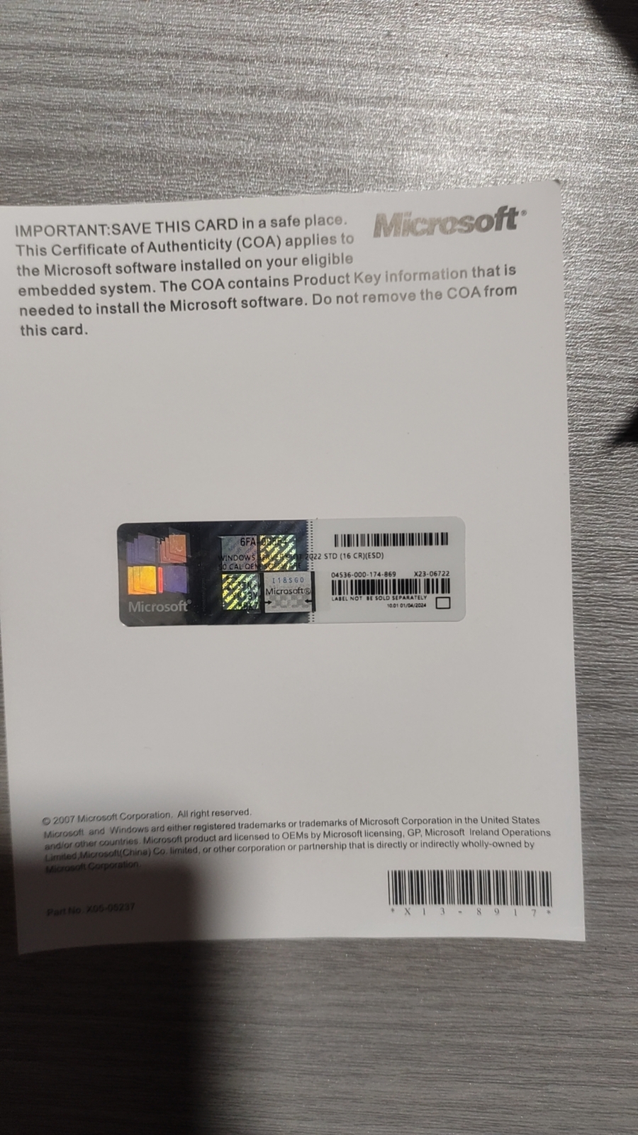 Microsoft Windows Server 2022 Standard Edition 16 Core License 50 CALs Key+COA