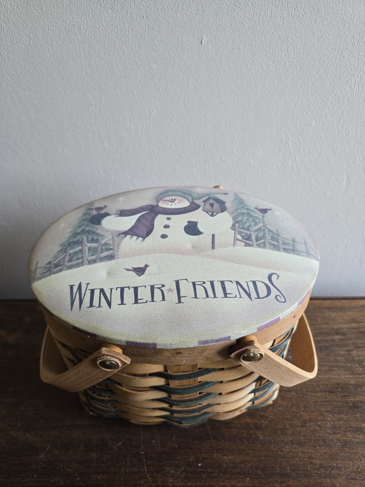 Woven Oval Wooden Basket"Winter Friends" Snowman Trees Christmas Holiday Handles