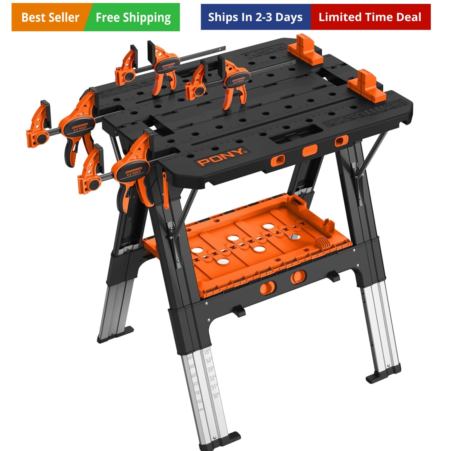 Portable Folding Work Table, 2-in-1 as Sawhorse & Workbench, 31” W×25” D×25”-...