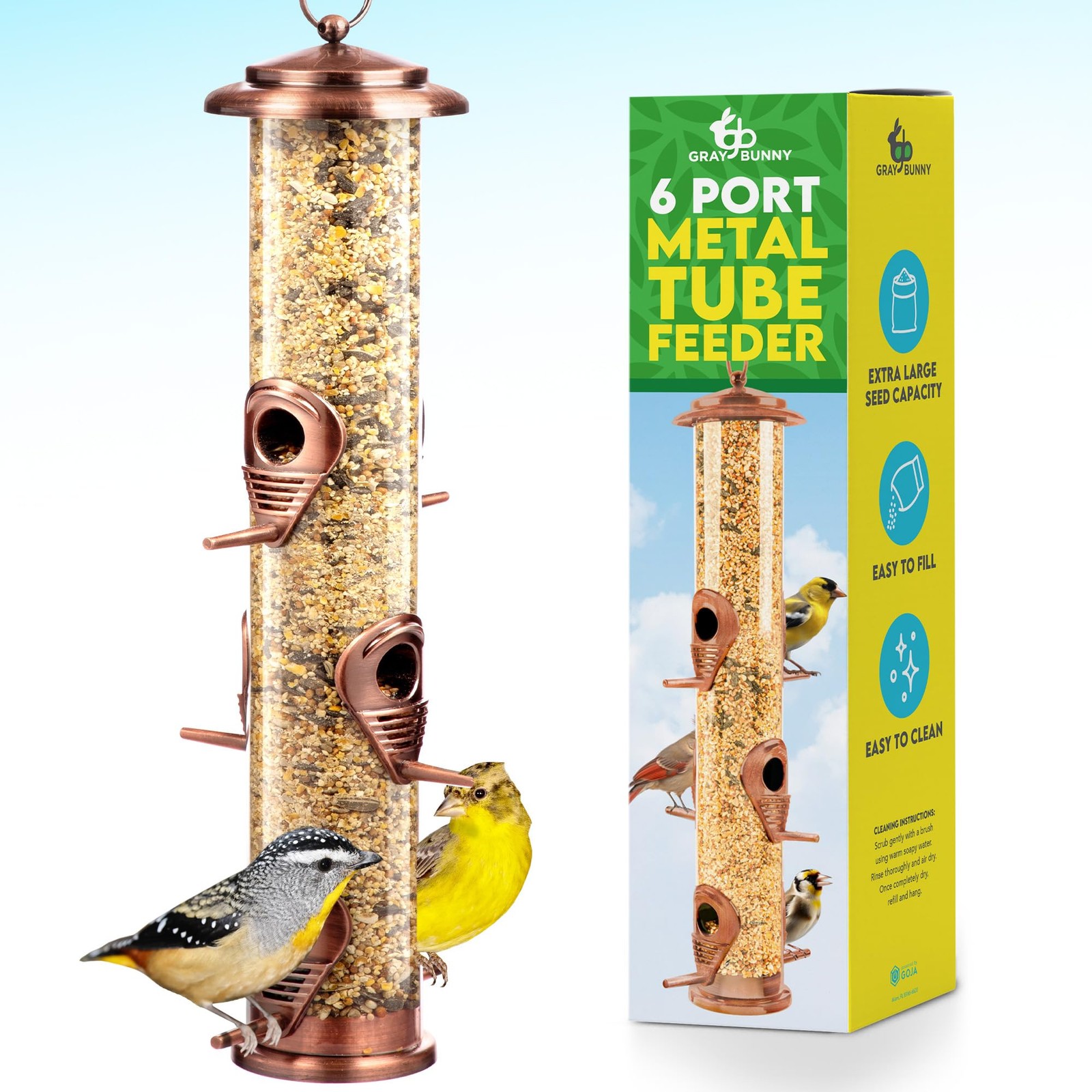 Bird Feeder for Outdoors (Brushed Metal Copper) Hanging 6 Ports, Copper