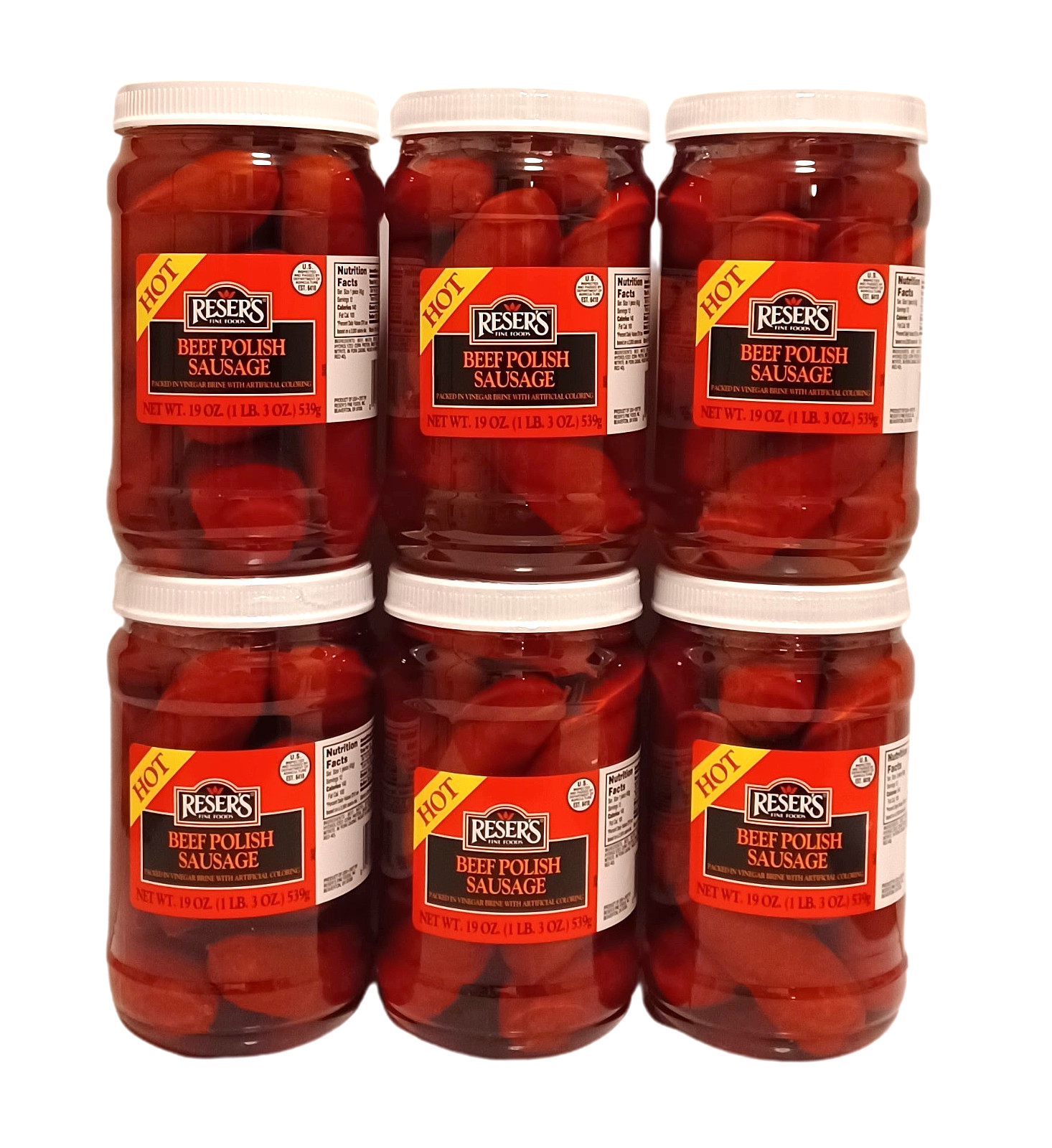 Beef Hot Pickled Polish Sausage by Reser's Case Of 6 / 1 Quart / 19oz. Jars