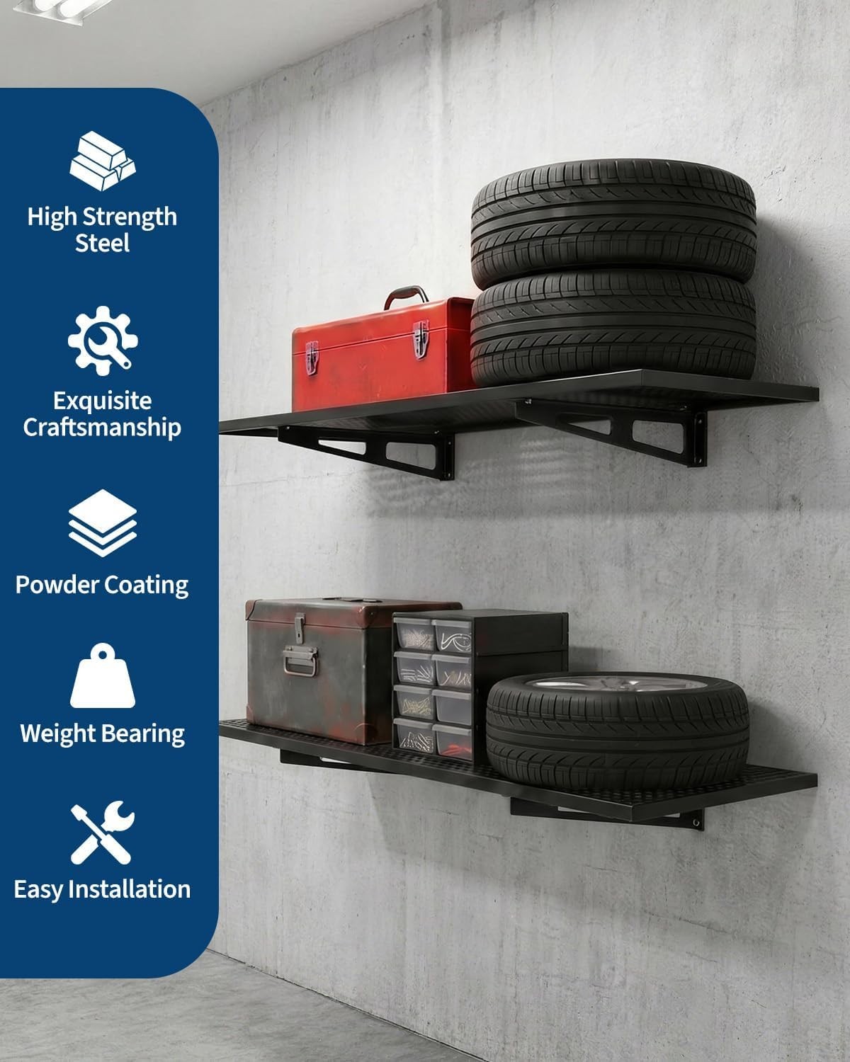Heavy Duty 2-Pack Wall Shelves 2x3ft 500 lbs Garage Storage Rack w Hooks Black