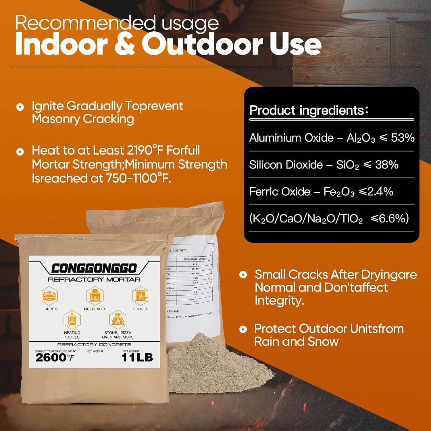 11 LBS Refractory Mortar, 2600°F High Temperature Mortar for Masonry -Fire Refra