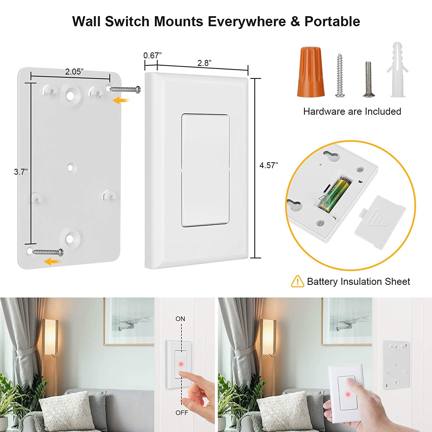 Wireless Remote Light Switch, No Wiring, No Wifi, 100Ft RF Range, Pre-Program...