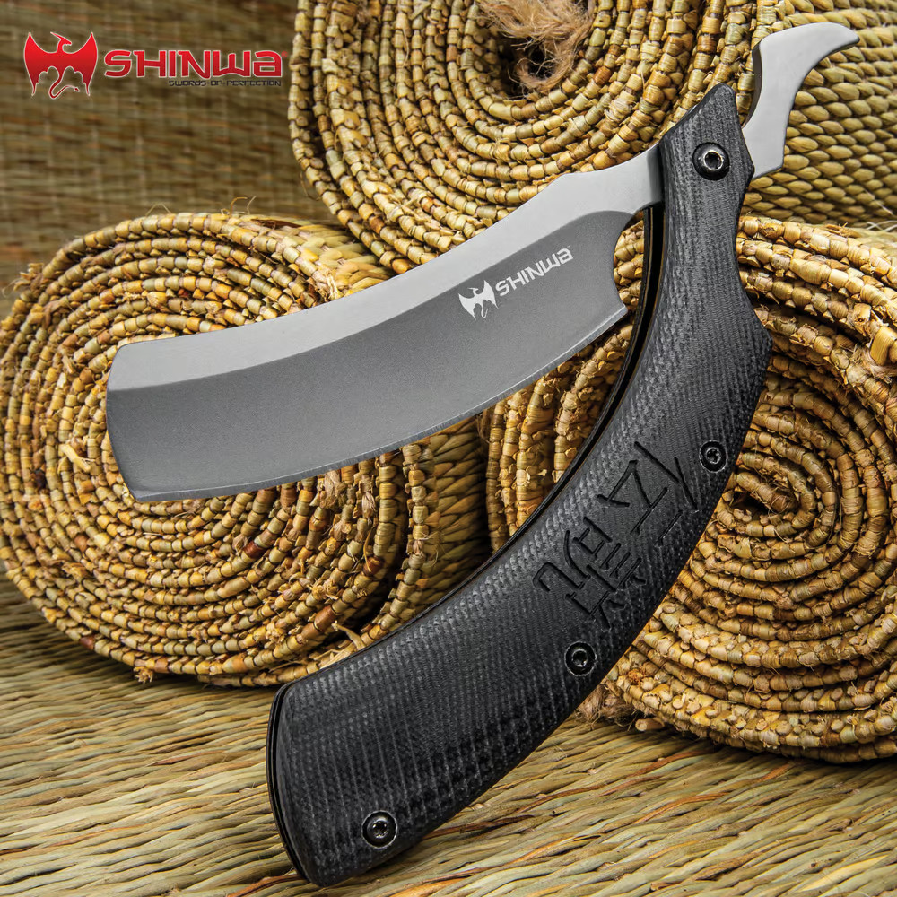 Shinwa Kamisori Tactical Razor Pocket Knife Black G10 Folder KZ1042 8" Open New