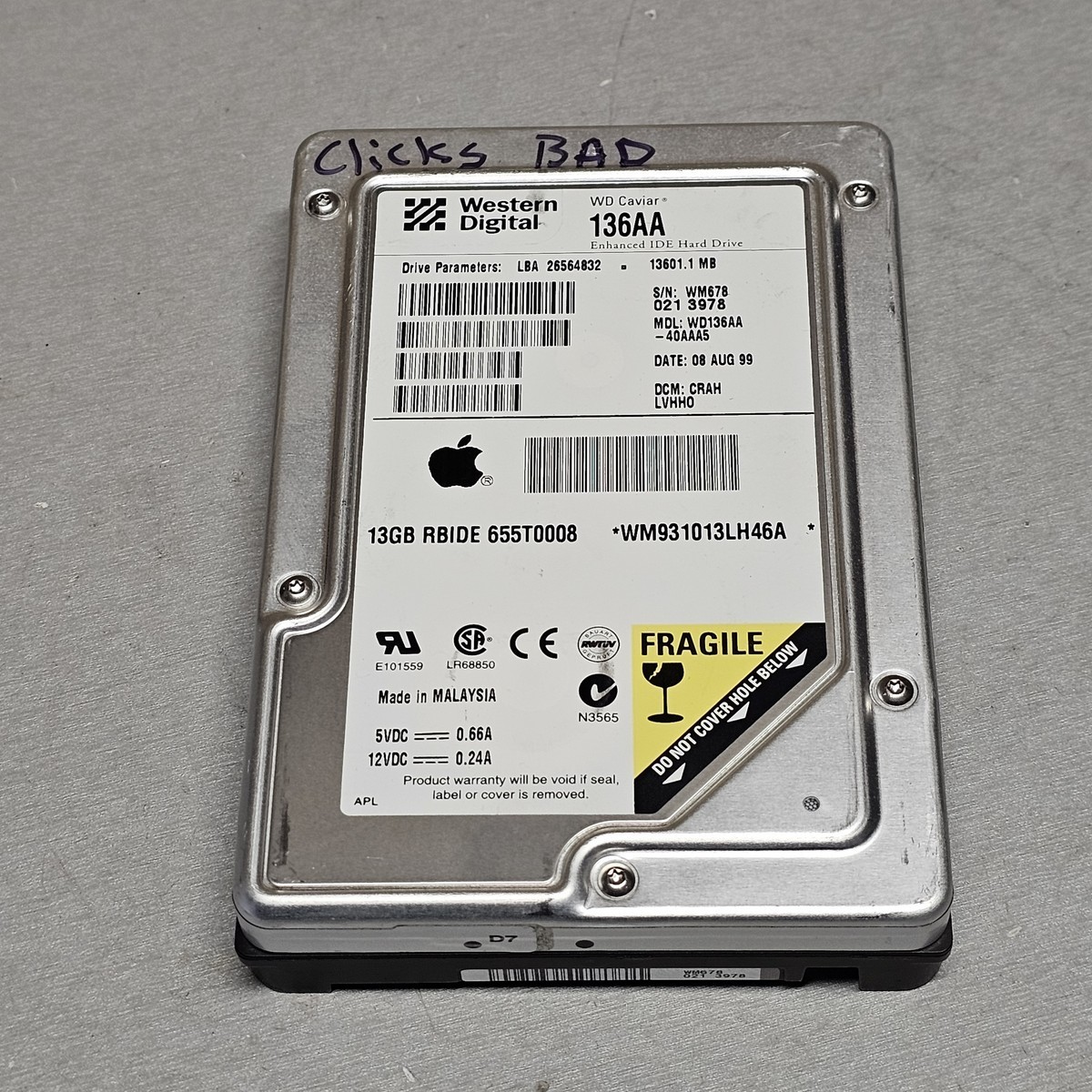 Apple G3 Western Digital Caviar 136AA 13601.1MB 3.5" IDE (Parts)