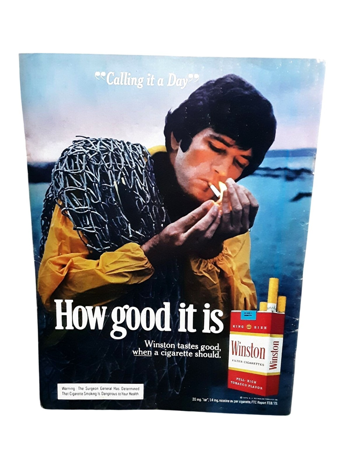Vintage 1973 Winston Cigarettes Print Ad Smoking Man Beach Scene Tobacco