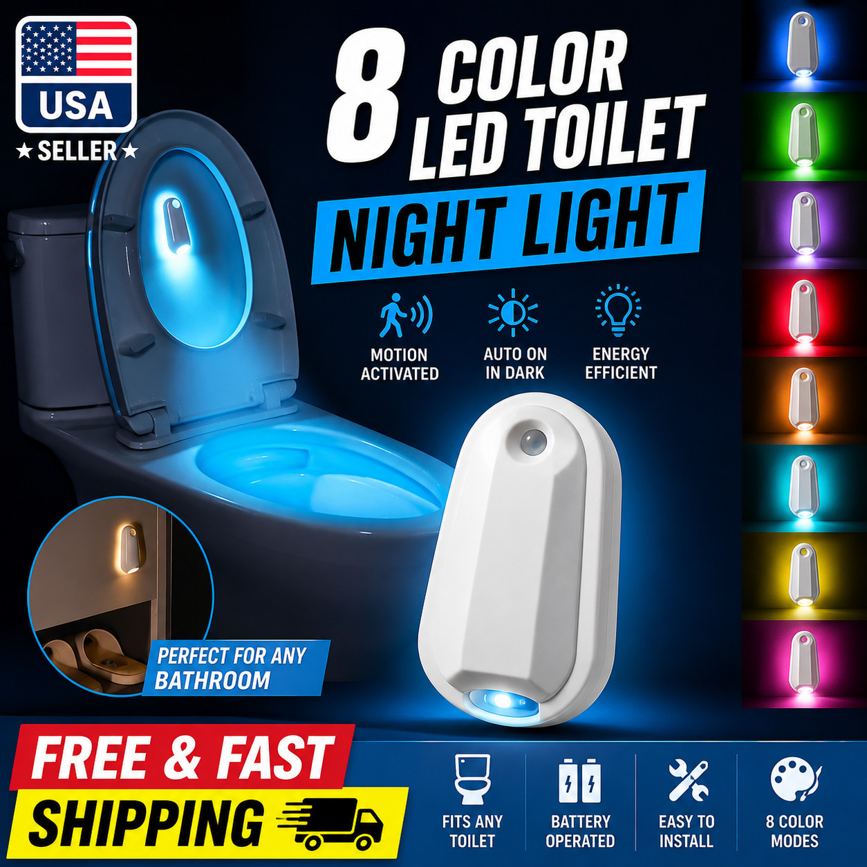 1 Pcs 8 Color LED Toilet Night Light Motion Activated Sensor Bathroom Bowl USA