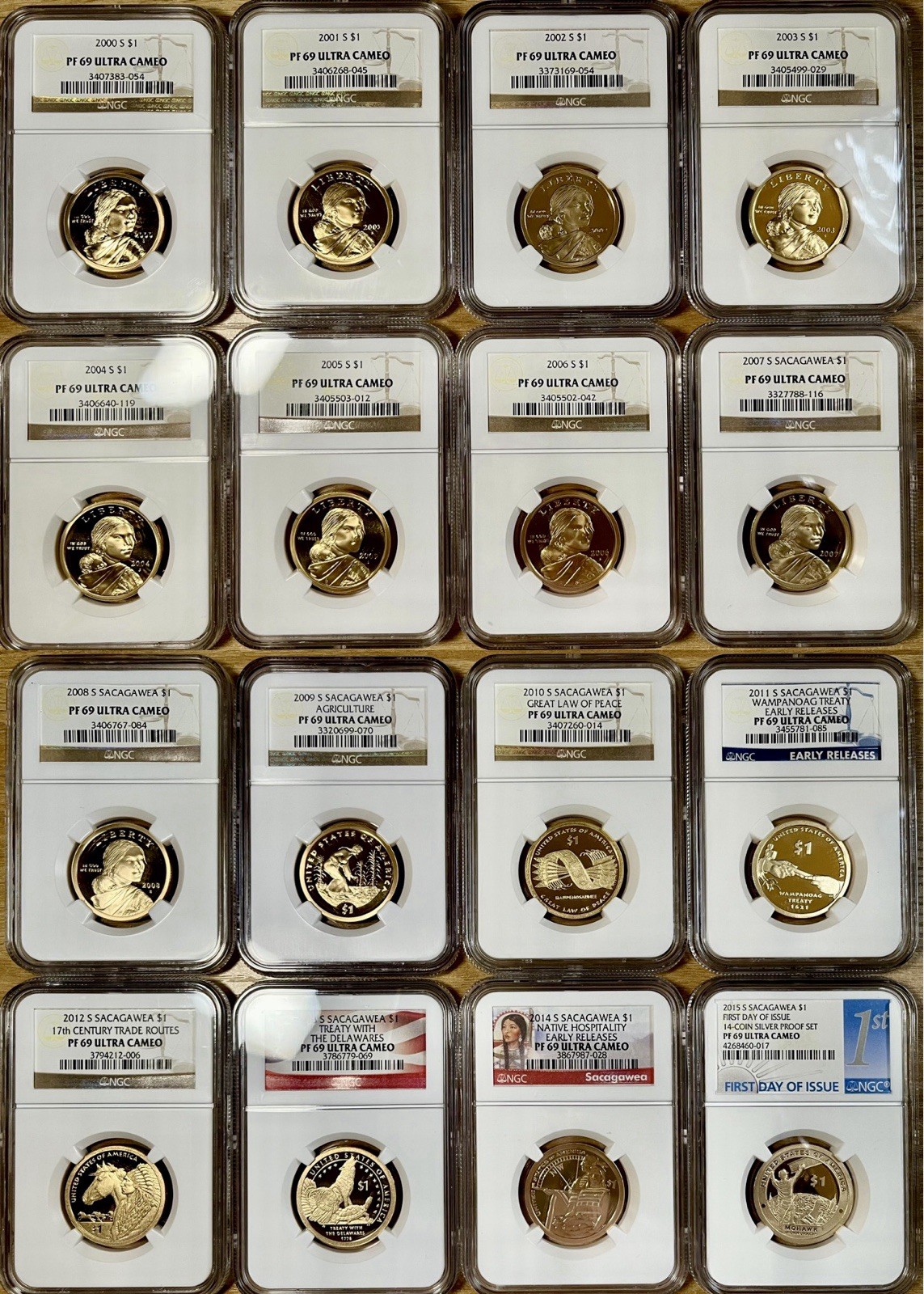 2000-2015 NGC PF69 Ultra Cameo Sacagawea Native American $1 Set. 16 Coin Run!