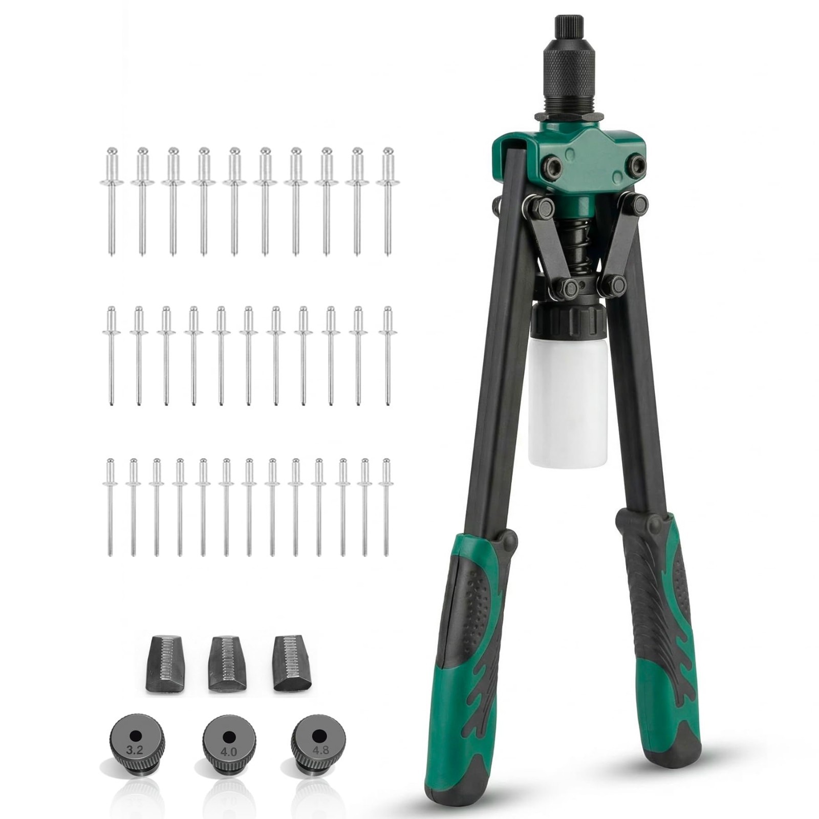 Heavy Duty Double Handle Rivet Gun Tool with 3 Nosepieces & 150 Rivets, Eco Box