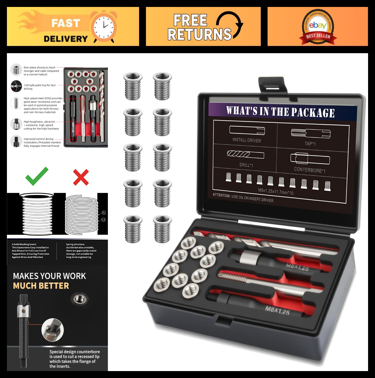 M8x1.25 Thread Repair Kit - 10pcs Stainless Steel Inserts, HSS Drill & Tap Set