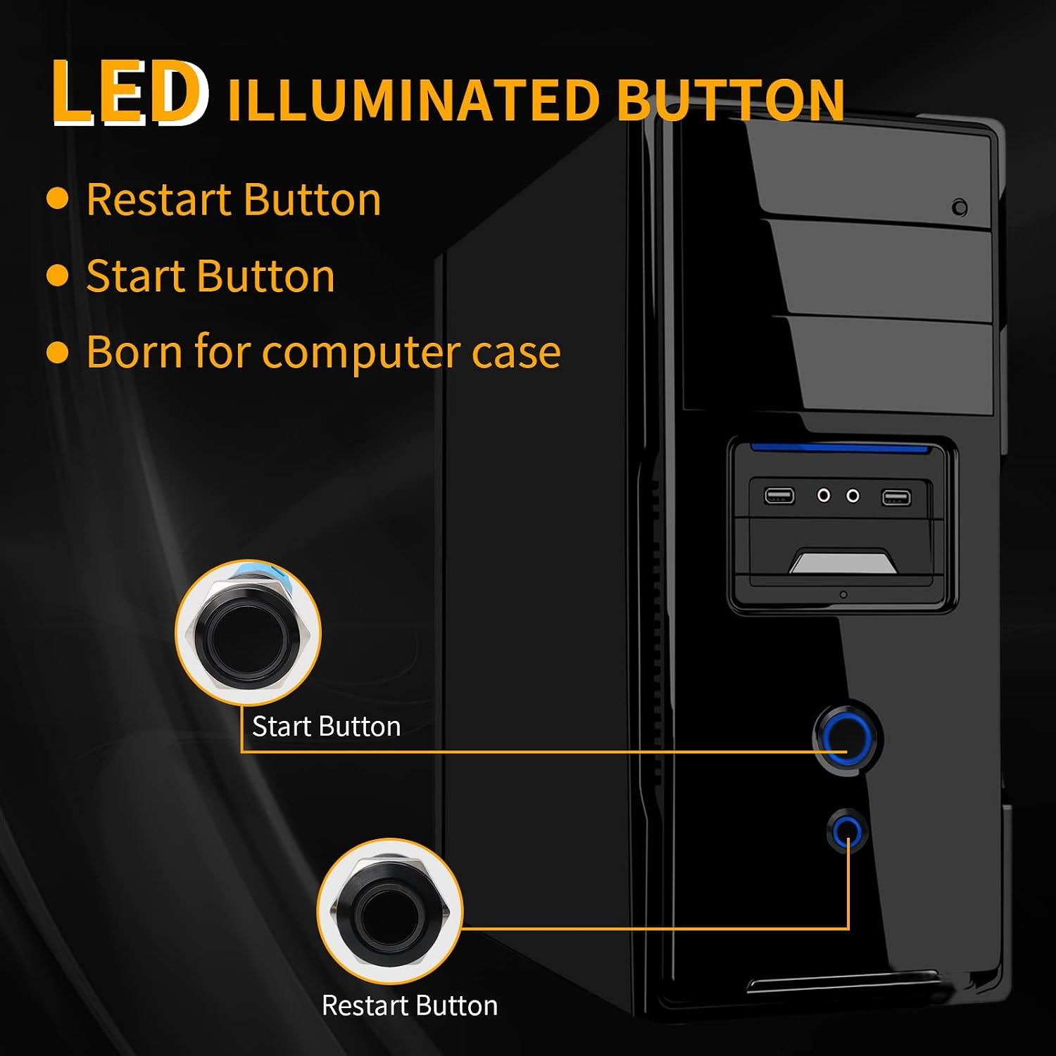 16Mm Computer Case DIY Boot Reset Button, Metal Momentary Switch, Blue LED Light