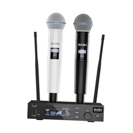 BASN UHF Dual Channel Wireless Microphone System - Handheld Mics for White-Black