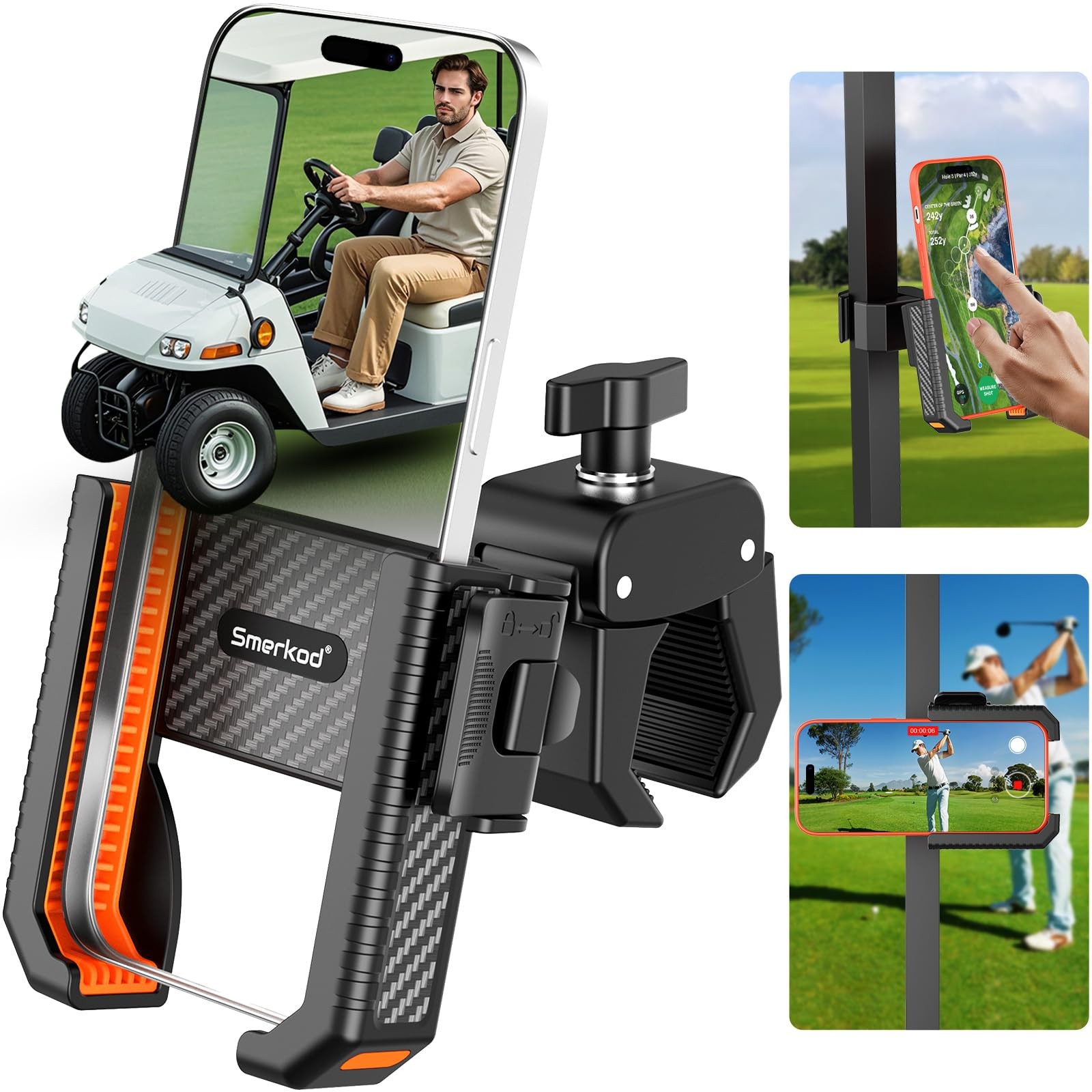 Smerkod Golf Cart Phone Holder Mount - 3s Clip Install, Black & Orange